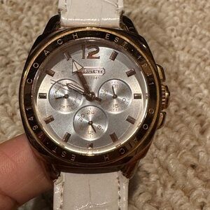 Women’s chronograph COACH Rose Gold-Tone Case Watch with White Leather Strap
